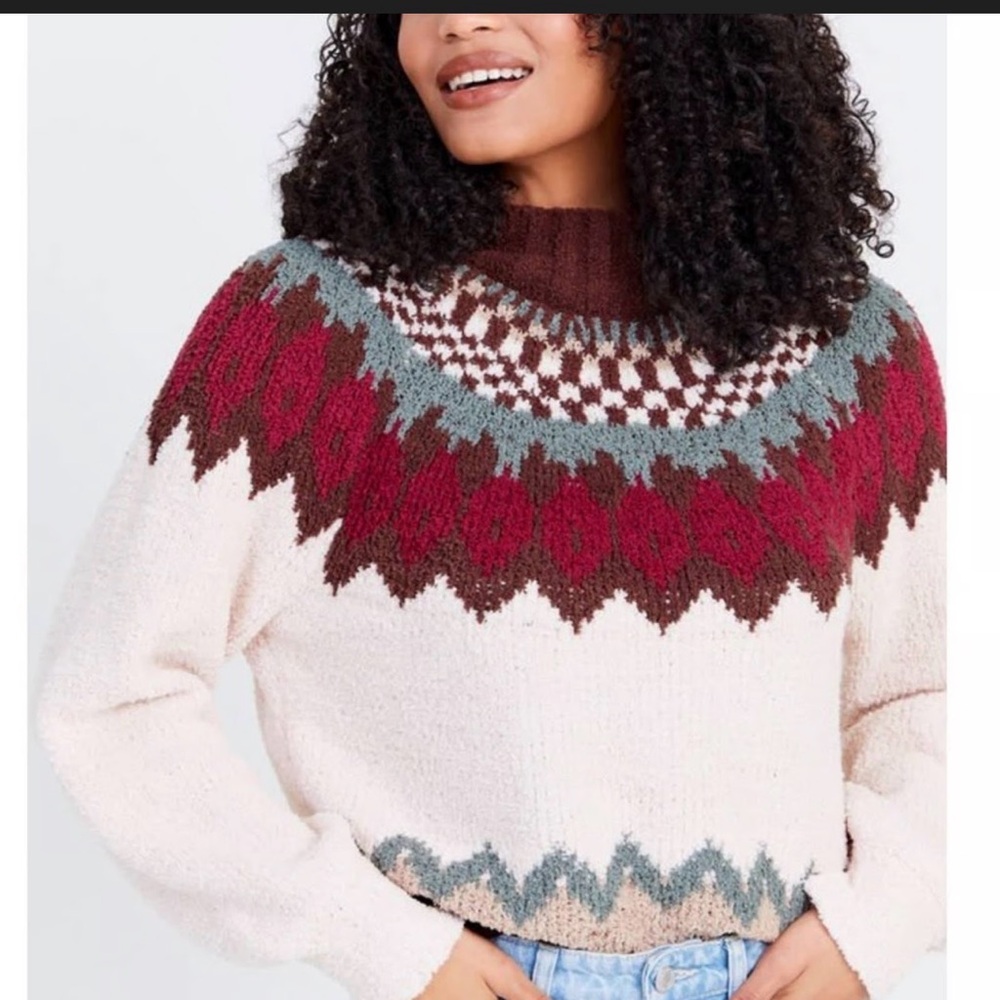 Altar’d State Fair Isle Sweater Cream Boho Cozy Knit Mock Neck Pullover Womens